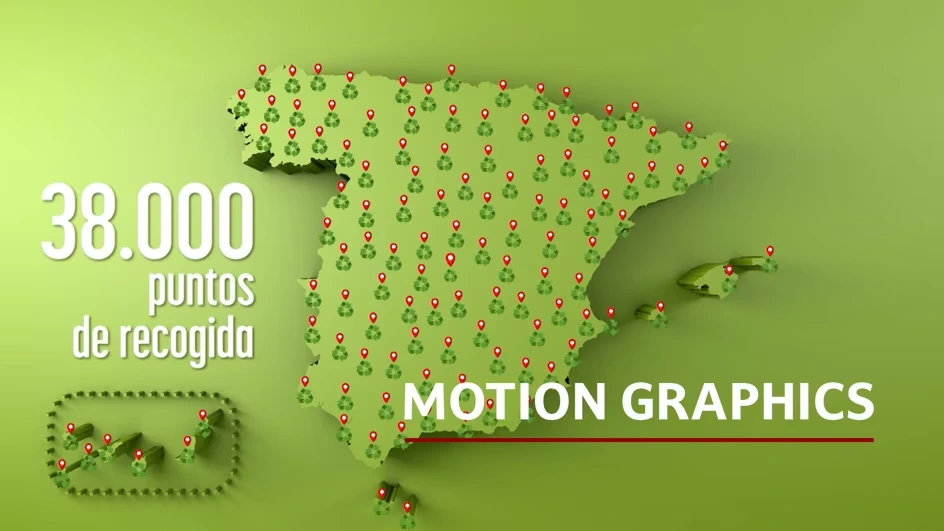 Motion graphics con mapa de España mostrando 38.000 puntos de recogida