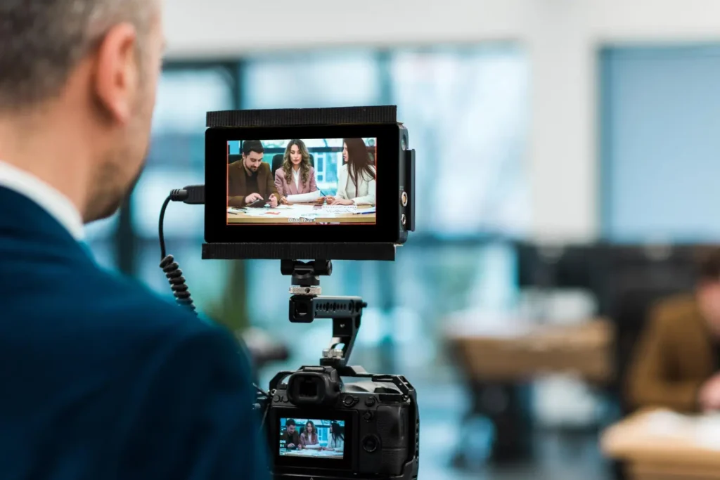 Grabación de un vídeo corporativo profesional con cámara y equipo técnico durante una reunión de empresa