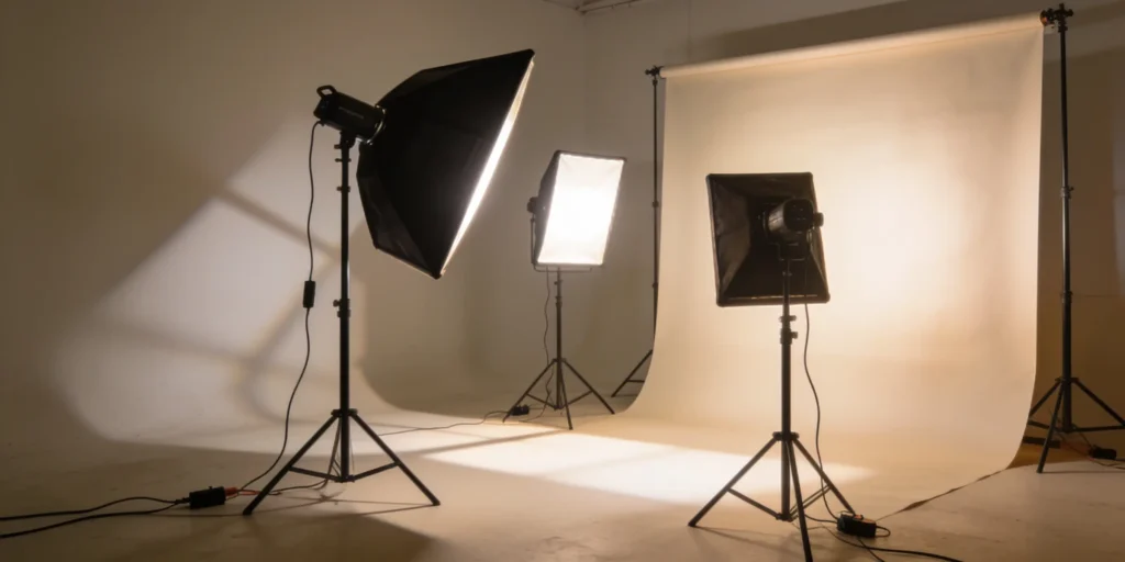 Ejemplo de montaje de iluminación para grabar vídeo con luz principal, luz de relleno y fondo de estudio